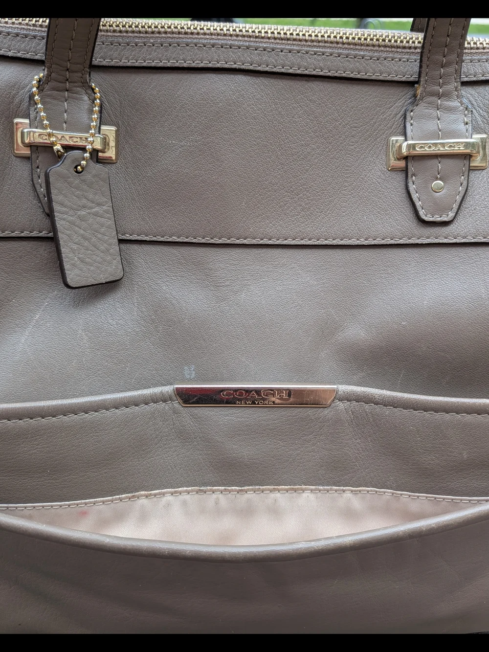 Coach Taupe Leather Tote with Front Pocket and Silver-Tone Accents